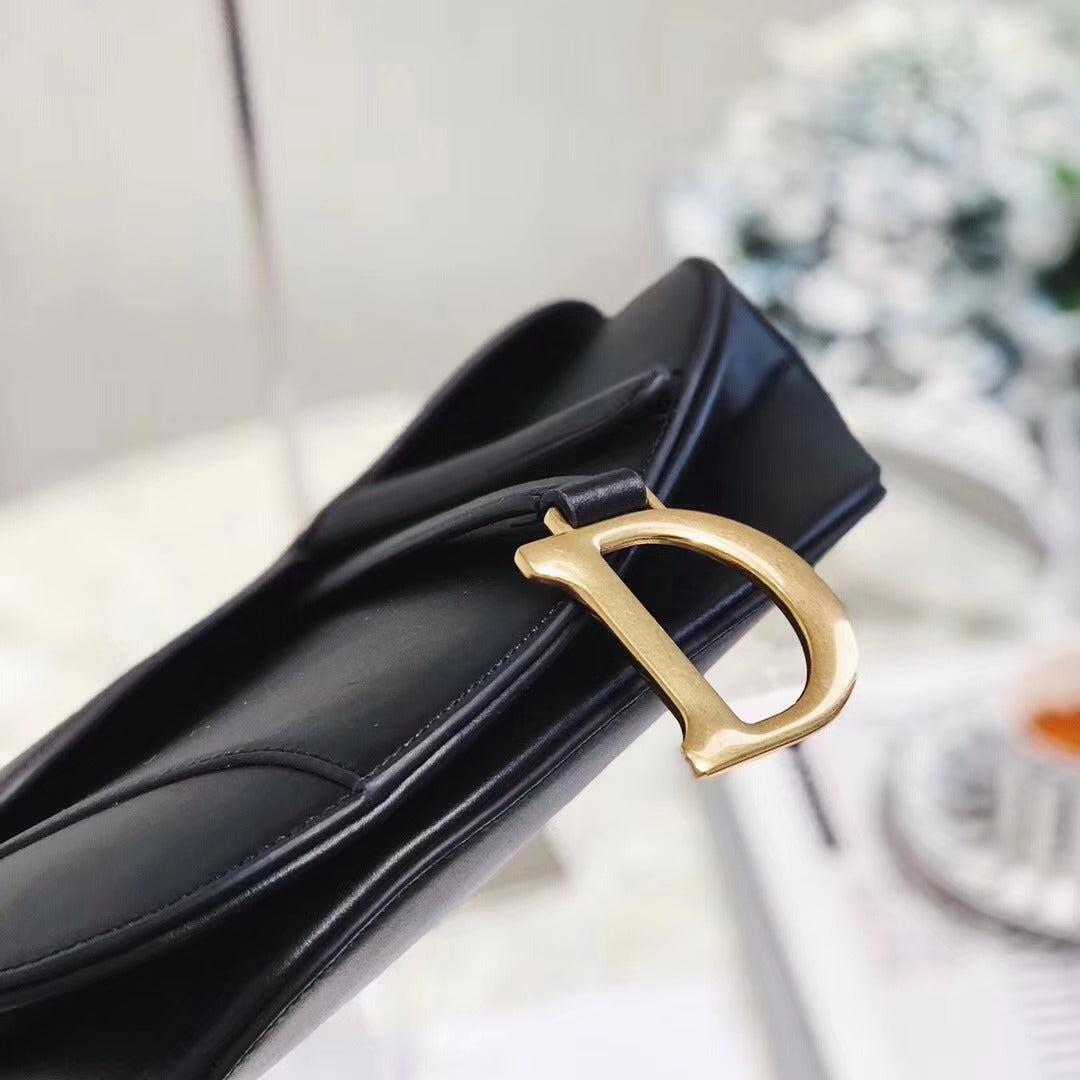 Dior Vintage Black Leather Saddle Bag with Gold Ornaments