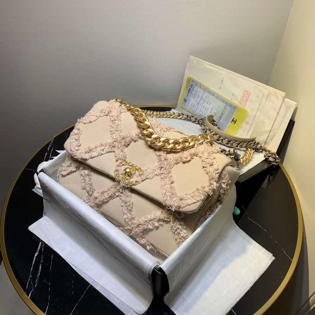 Chanel 19 Medium Denim Flap Bag Beige