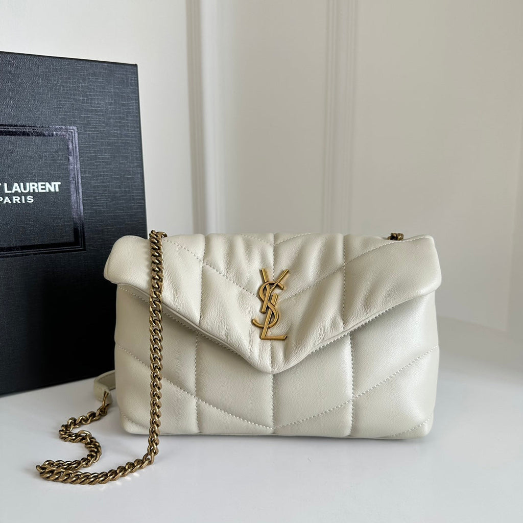 YSL Loulou Puffer Toy Quilted Lambskin Shoulder Crossbody Bag with Chain Strap White