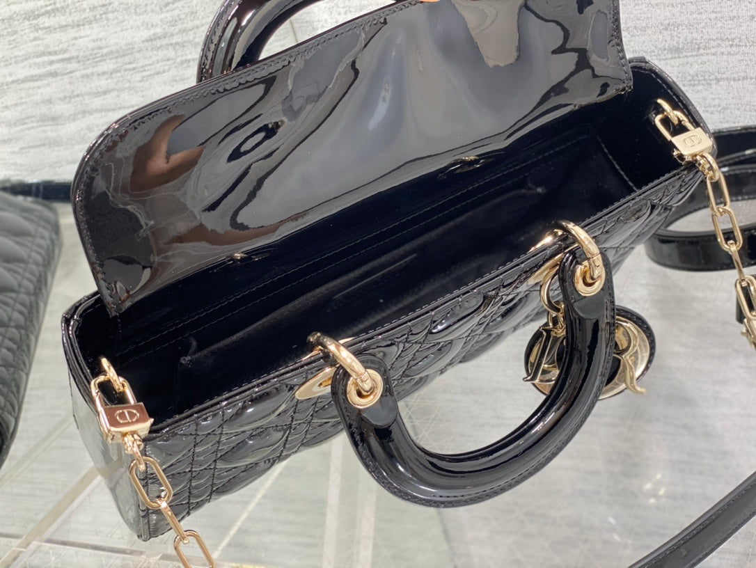 Dior Lady D-Joy Medium Patent Black Leather Bag