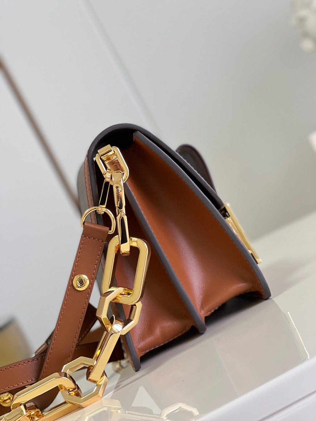 LV Dauphine MM Monogram Reverse Canvas Shoulder Crossbody Bag with Chain Strap and Leather Trim 25 cm - Brown