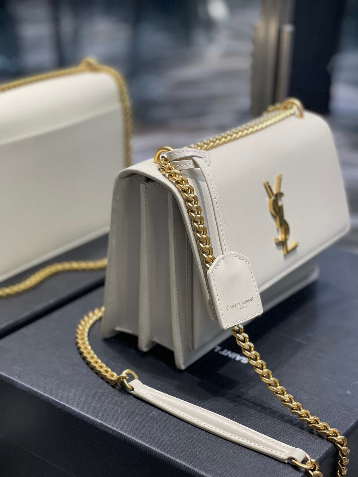 YSL Medium Sunset Bag 22 White Lambskin Gold Tone