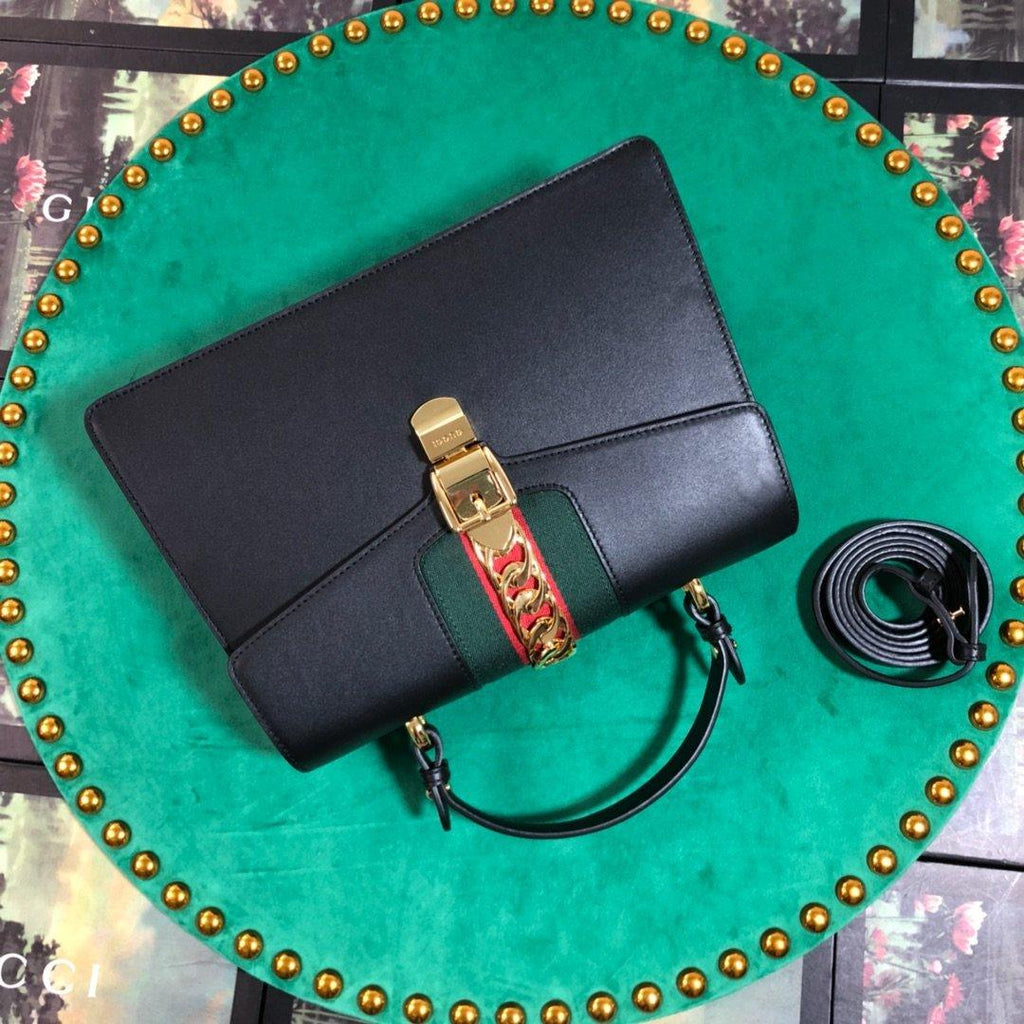 Gucci GG Sylvie Leather Medium Top Handle Bag - Black