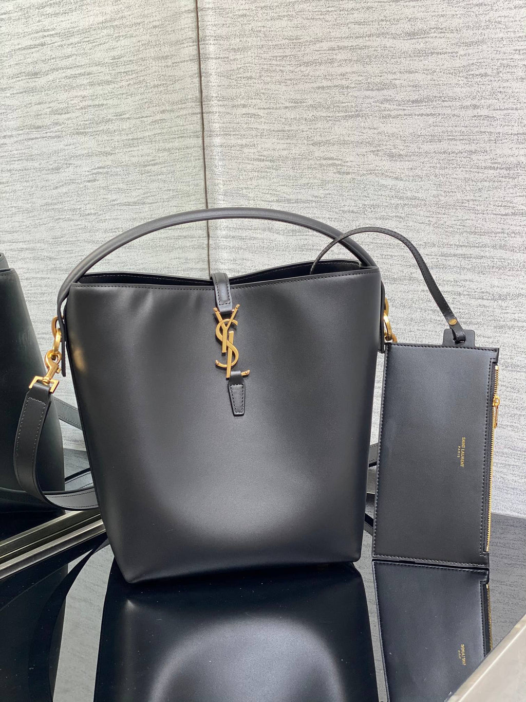 YSL Le 37 Black Shiny Leather Handle Shoulder Bag with YSL Charm and Adjustable Strap