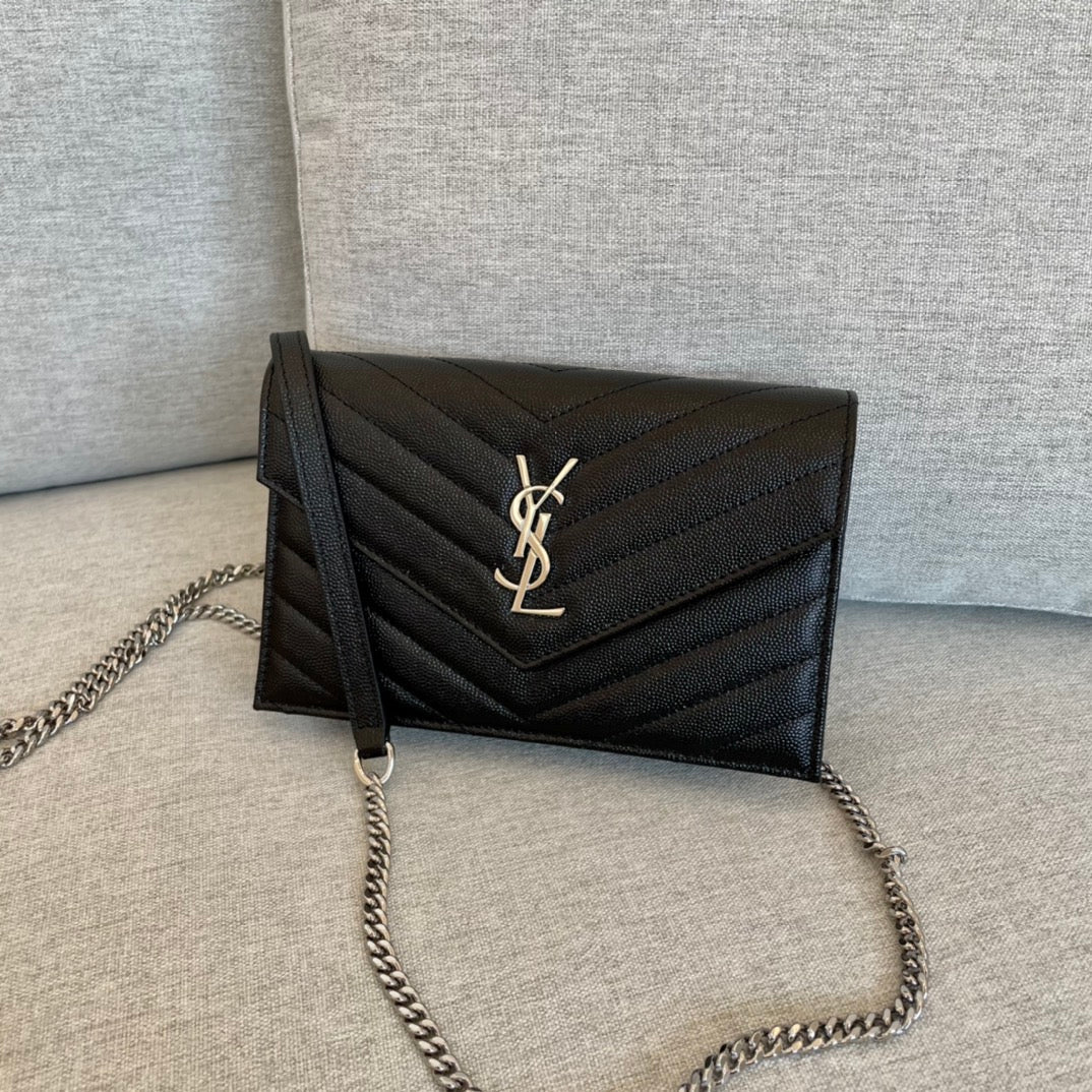 YSL Cassandre Envelope Chain Wallet Black Grain Leather