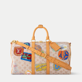 LV Keepall Bandoulière 45 Monogram Dune Canvas Travel Handle Shoulder Bag with Leather Trim and Travel Patches