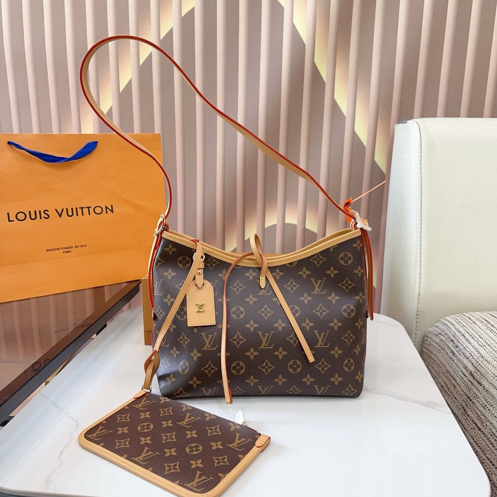 LV Carryall PM Monogram Canvas Tote Shoulder Bag with Leather Trim and Pouch