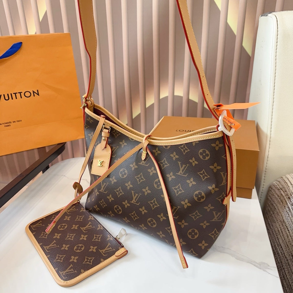 LV Carryall PM Monogram Canvas Tote Shoulder Bag with Leather Trim and Pouch