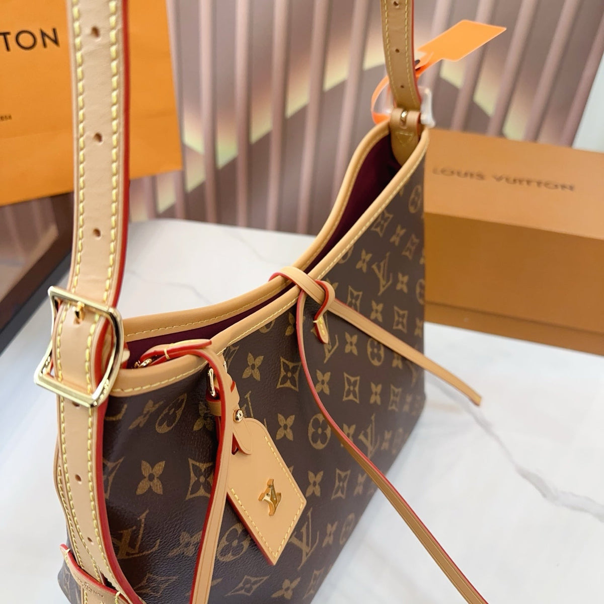 LV Carryall PM Monogram Canvas Tote Shoulder Bag with Leather Trim and Pouch