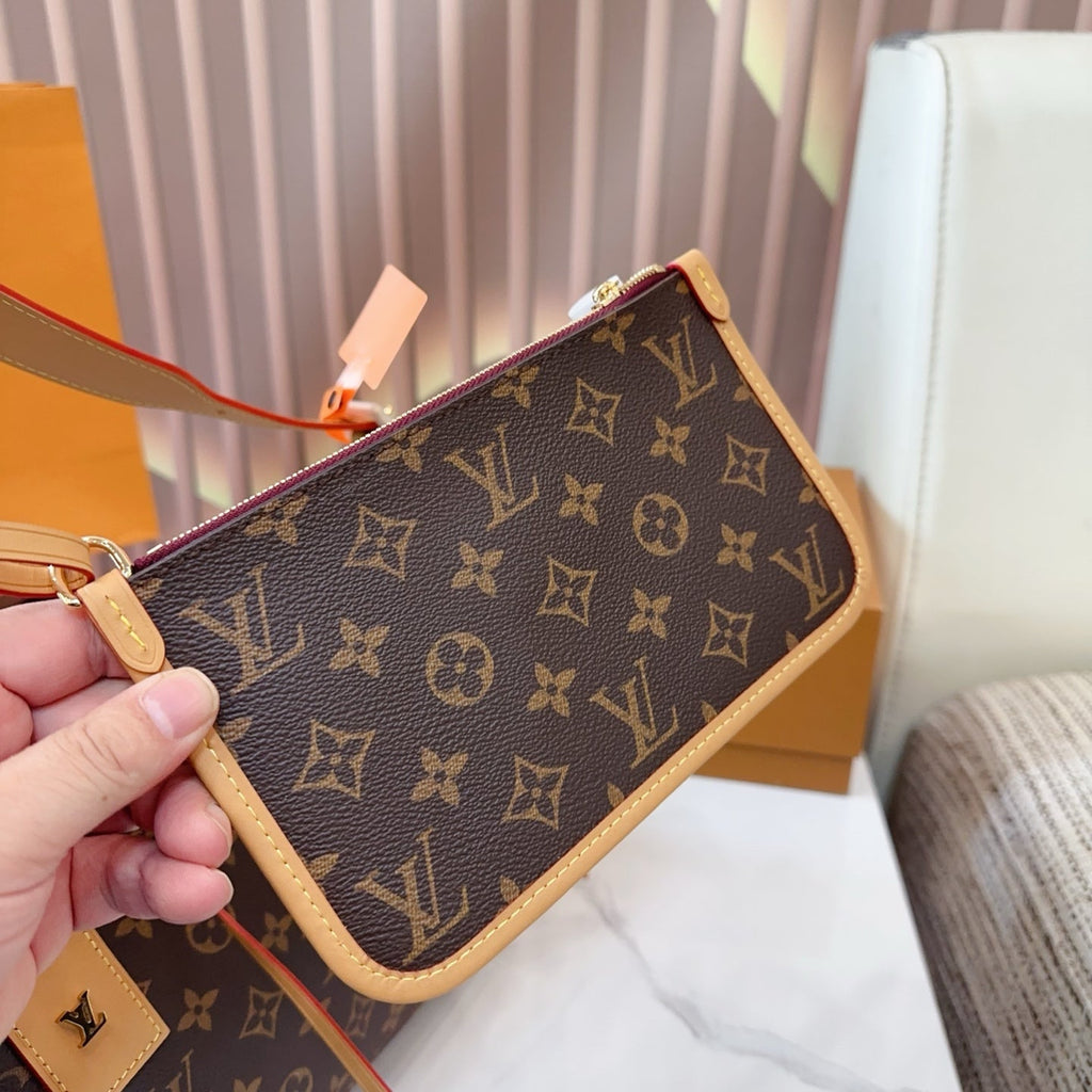 LV Carryall PM Monogram Canvas Tote Shoulder Bag with Leather Trim and Pouch
