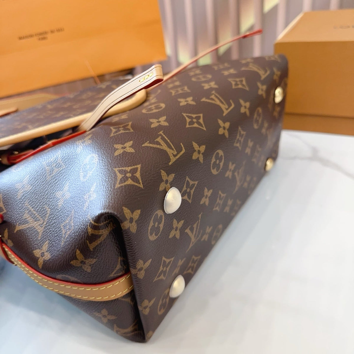 LV Carryall PM Monogram Canvas Tote Shoulder Bag with Leather Trim and Pouch