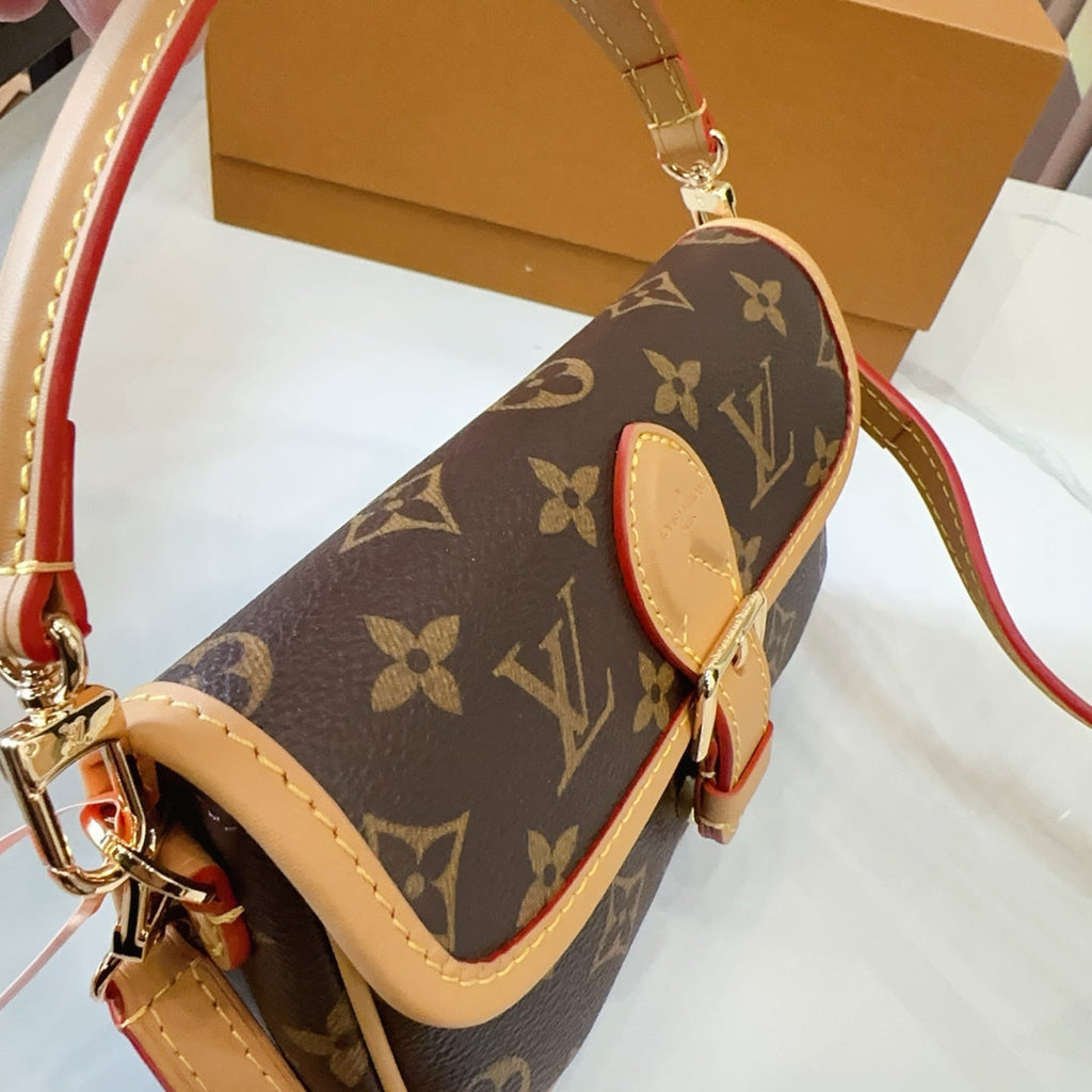 LV Diane PM Monogram Canvas Shoulder Crossbody Bag with Leather Trim and Adjustable Strap