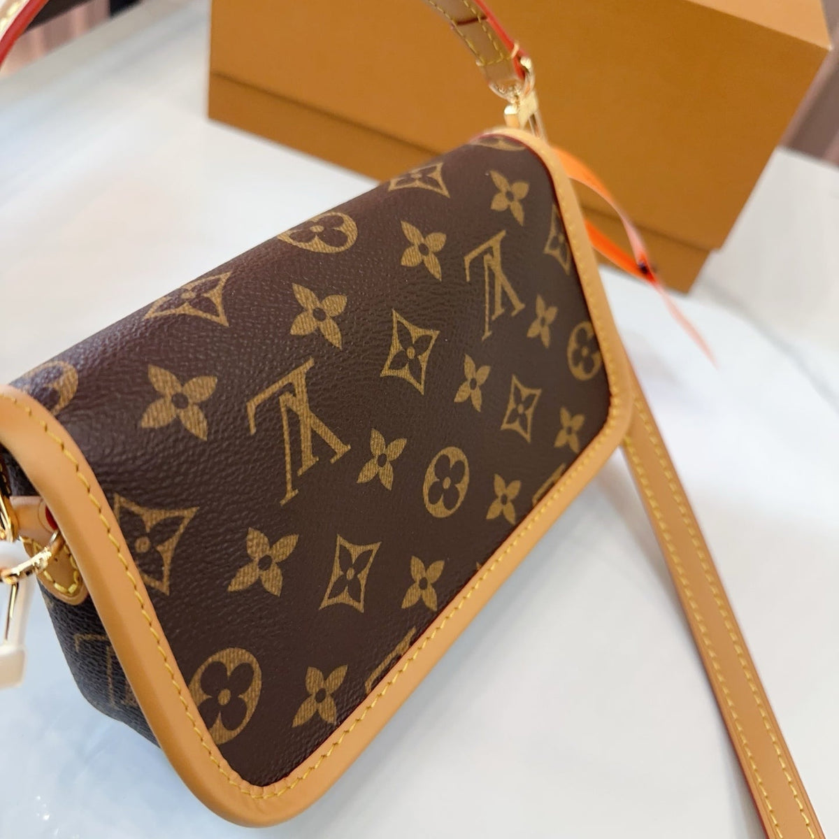 LV Diane PM Monogram Canvas Shoulder Crossbody Bag with Leather Trim and Adjustable Strap