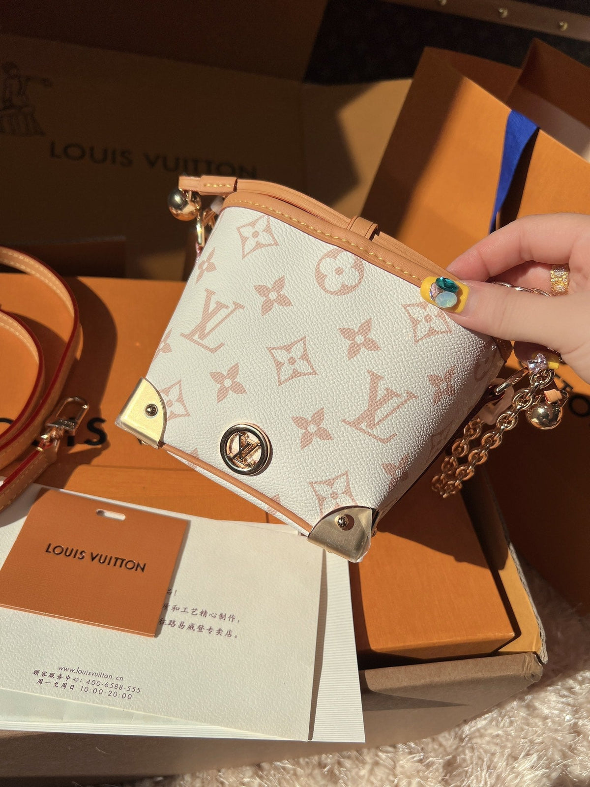 LV Nano Noé Monogram Canvas Mini Bucket Shoulder Bag with Chain Strap and Leather Trim