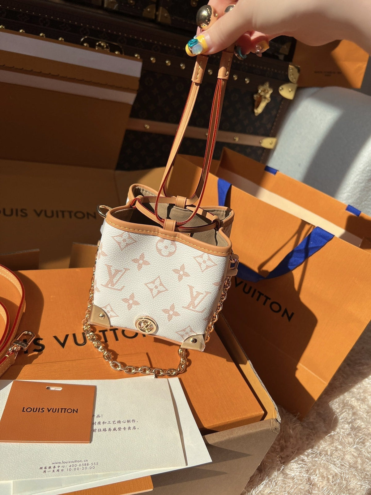 LV Nano Noé Monogram Canvas Mini Bucket Shoulder Bag with Chain Strap and Leather Trim