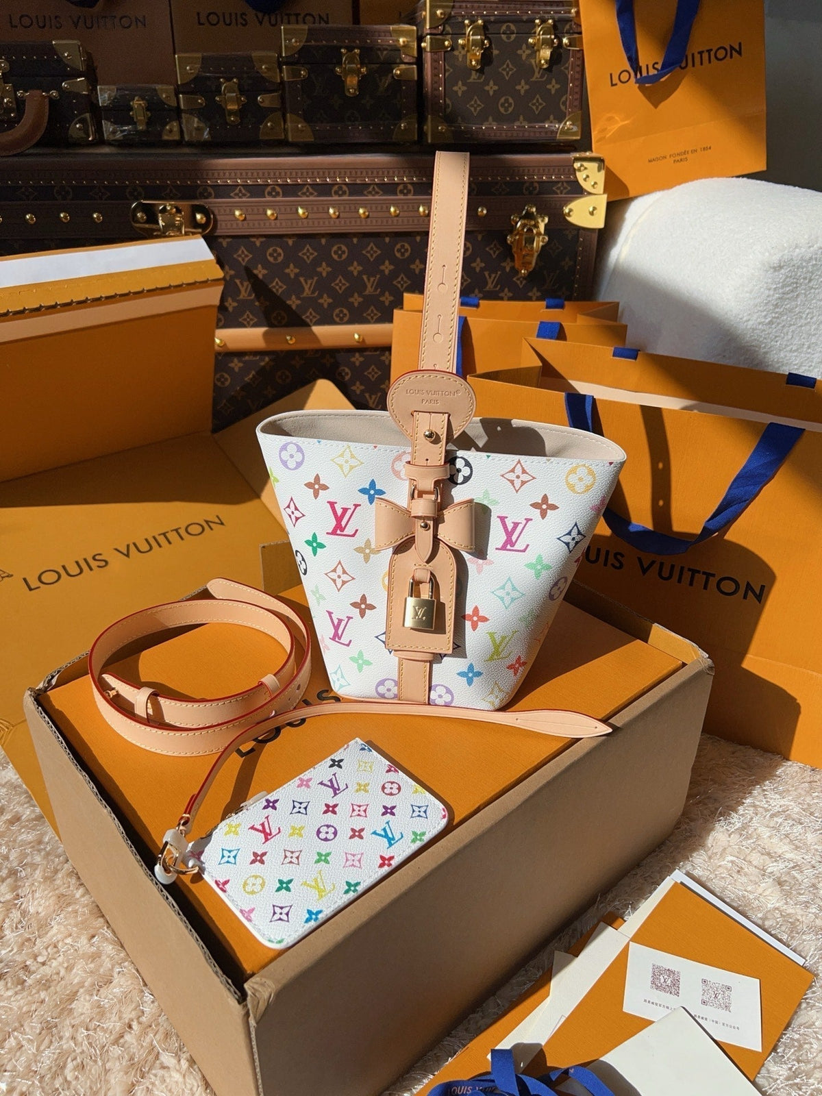LV Neverfull MM Multicolor Monogram Canvas Tote Handle Bag with Leather Trim and Pouch