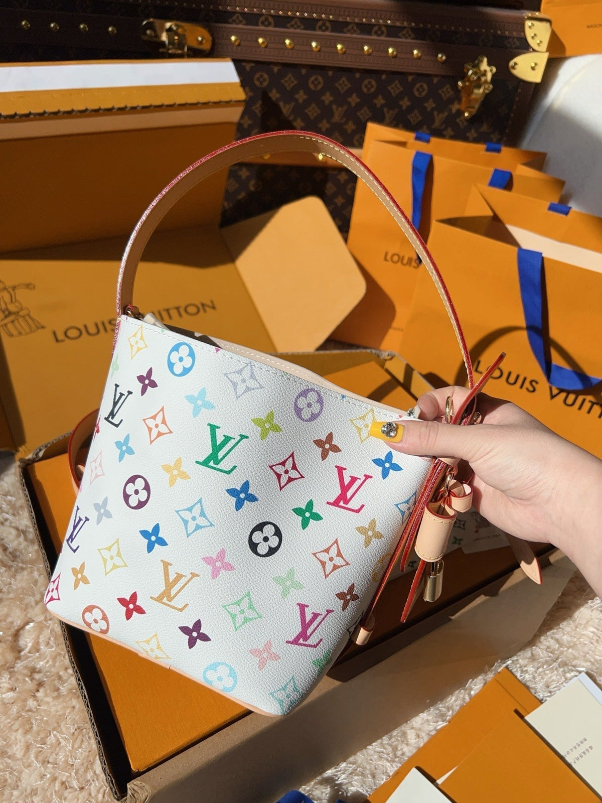 LV Neverfull MM Multicolor Monogram Canvas Tote Handle Bag with Leather Trim and Pouch