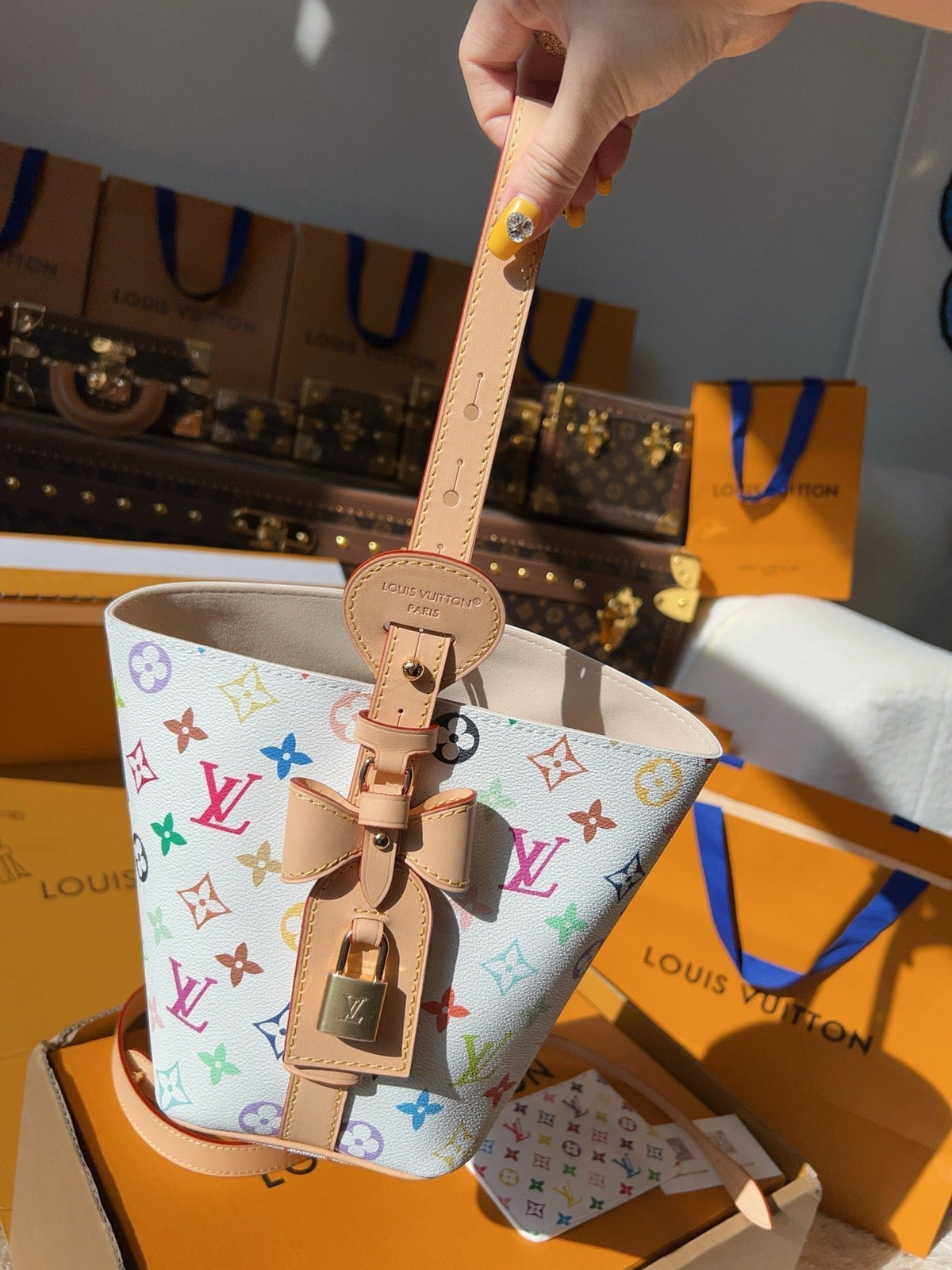 LV Neverfull MM Multicolor Monogram Canvas Tote Handle Bag with Leather Trim and Pouch
