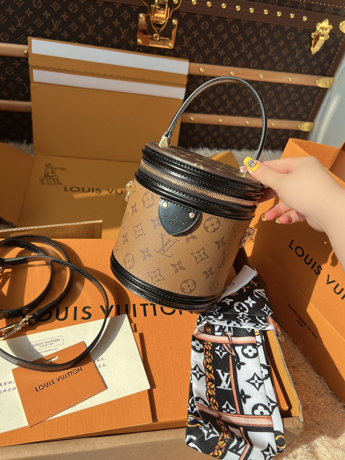 LV Cannes Monogram Reverse Canvas Round Top Handle Bag with Leather Trim and Shoulder Strap