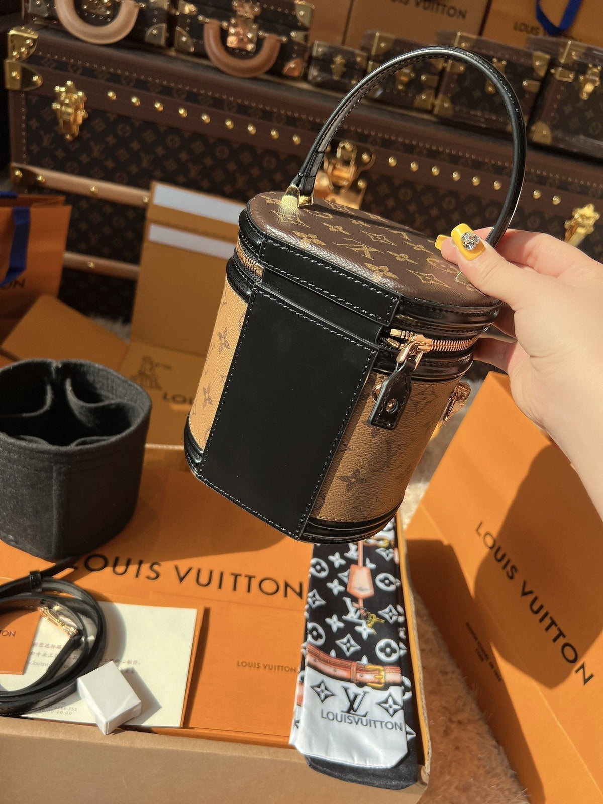 LV Cannes Monogram Reverse Canvas Round Top Handle Bag with Leather Trim and Shoulder Strap