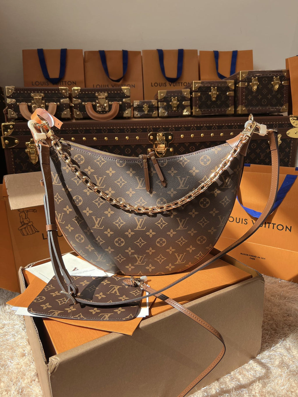 LV Loop Monogram Canvas Hobo Shoulder Crossbody Bag with Chain Detail