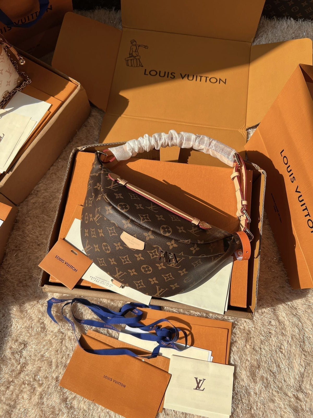 LV Bumbag Monogram Canvas Crossbody Belt Bag with Leather Trim and Adjustable Strap