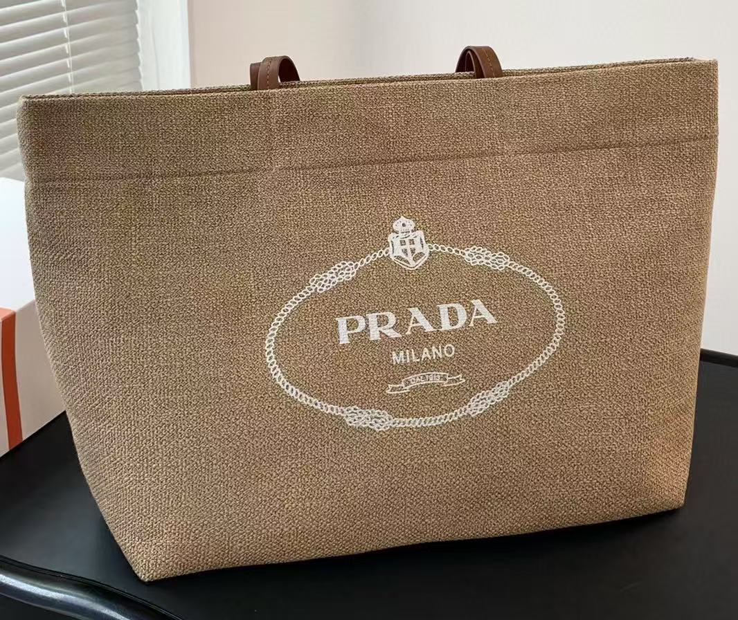 Prada Logo-Print Canvas Tote Bag - Straw