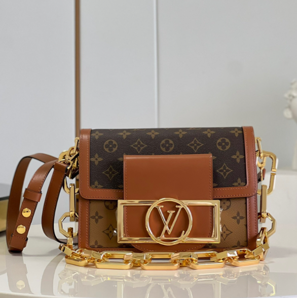LV Dauphine MM Monogram Reverse Canvas Shoulder Crossbody Bag with Chain Strap and Leather Trim 25 cm - Brown