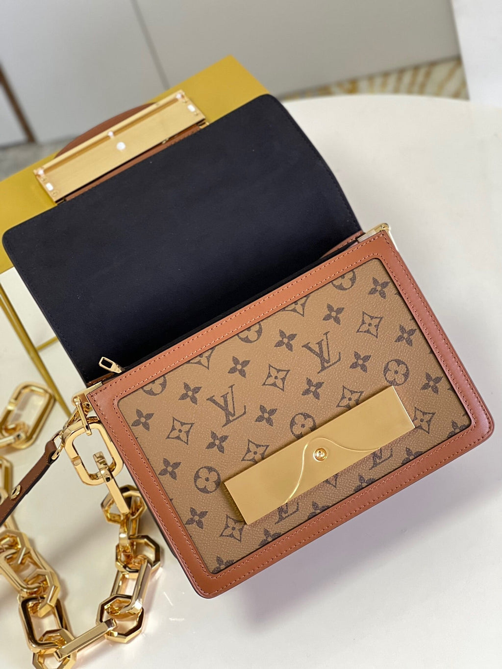 LV Dauphine MM Monogram Reverse Canvas Shoulder Crossbody Bag with Chain Strap and Leather Trim 25 cm - Brown
