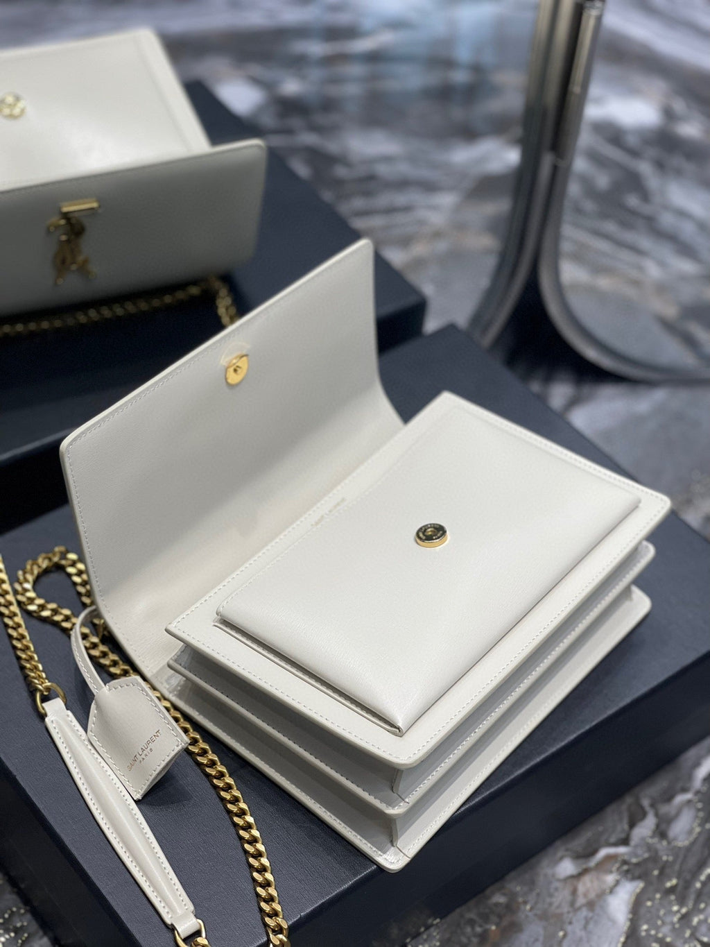 YSL Medium Sunset Bag 22 White Lambskin Gold Tone