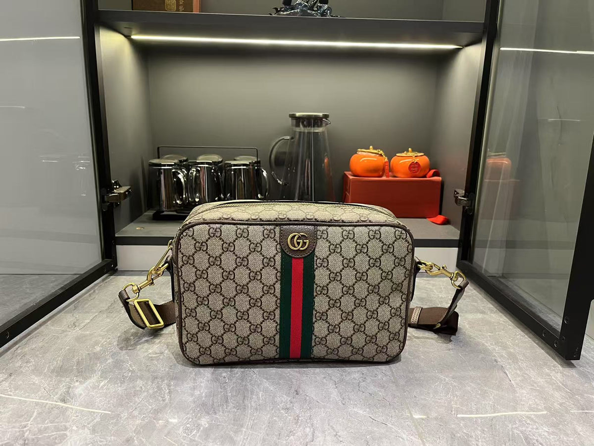 Gucci Ophidia Medium GG Supreme Canvas Shoulder Crossbody Bag with Web Stripe and Leather Trim