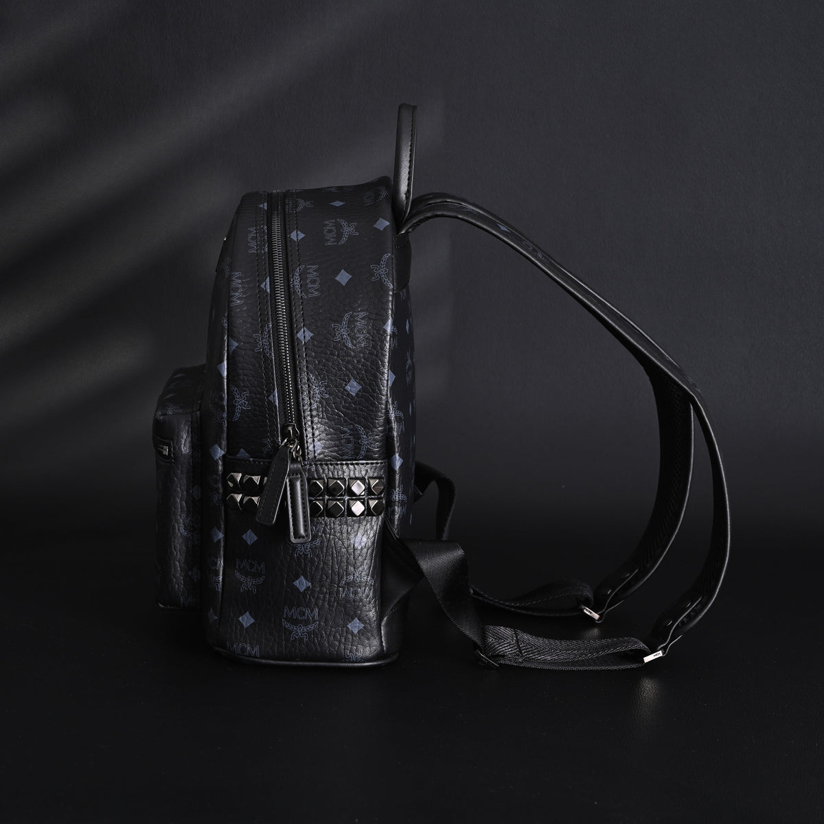 Mcm Stark Visetos Medium Backpack – Black Monogram with Studded Detailing - Black Monogram Print