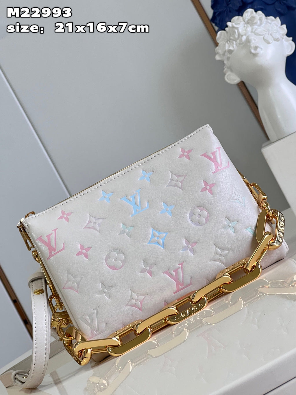 LV Coussin BB Monogram Canvas Shoulder Crossbody Bag with Chain Strap and Milkway Pastel Colors - White