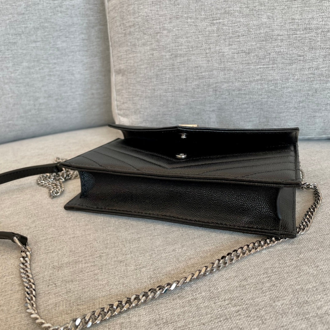 YSL Cassandre Envelope Chain Wallet Black Grain Leather