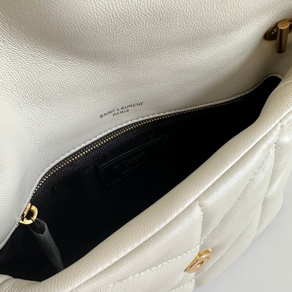 YSL Loulou Puffer Toy Quilted Lambskin Shoulder Crossbody Bag with Chain Strap White