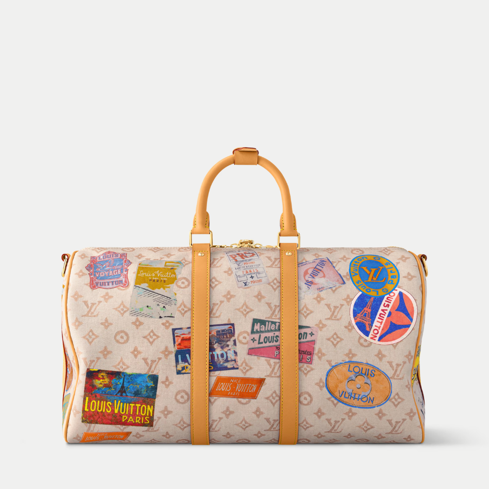 LV Keepall Bandoulière 45 Monogram Dune Canvas Travel Handle Shoulder Bag with Leather Trim and Travel Patches