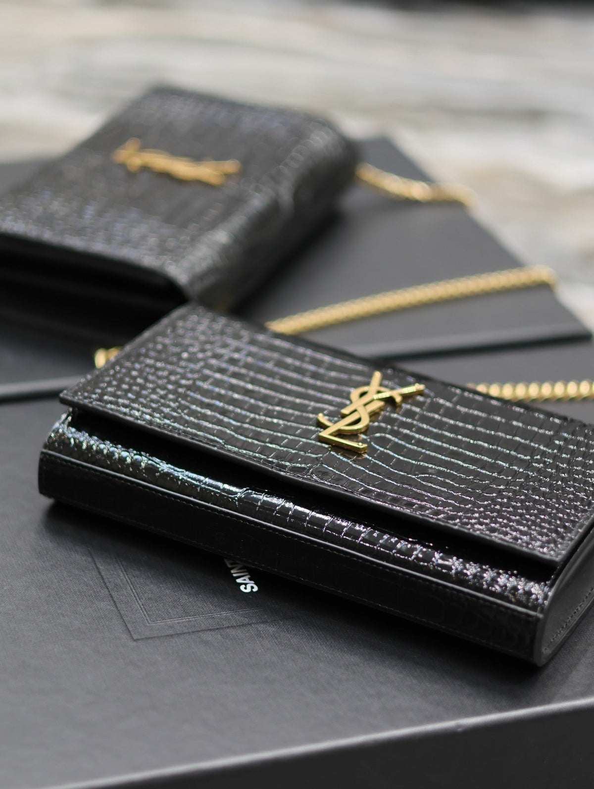 YSL Kate Croc Embossed Black Gold Hardware Shoulder Bag