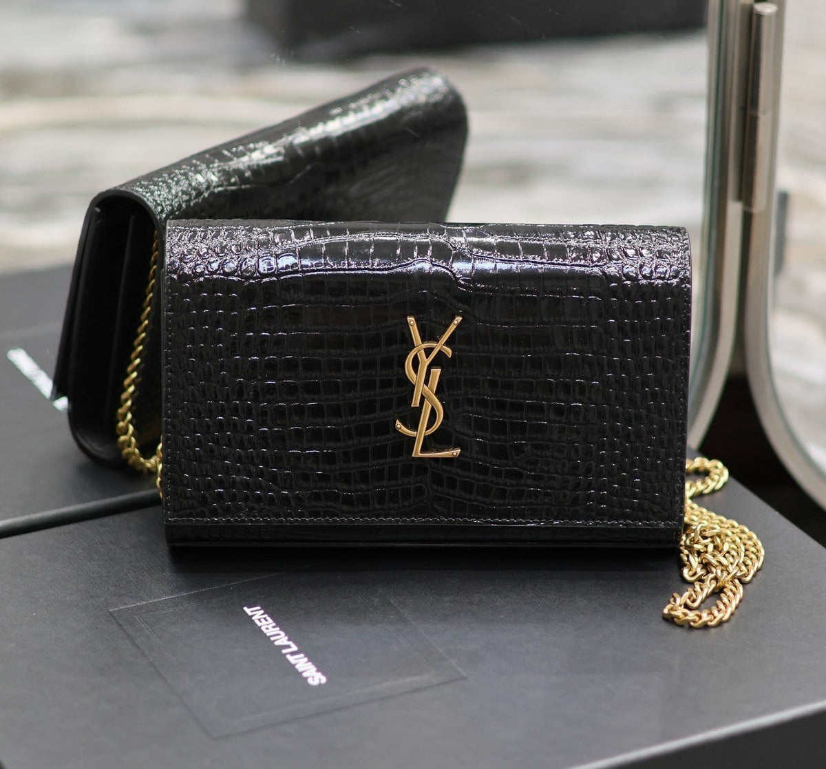 YSL Kate Croc Embossed Black Gold Hardware Shoulder Bag