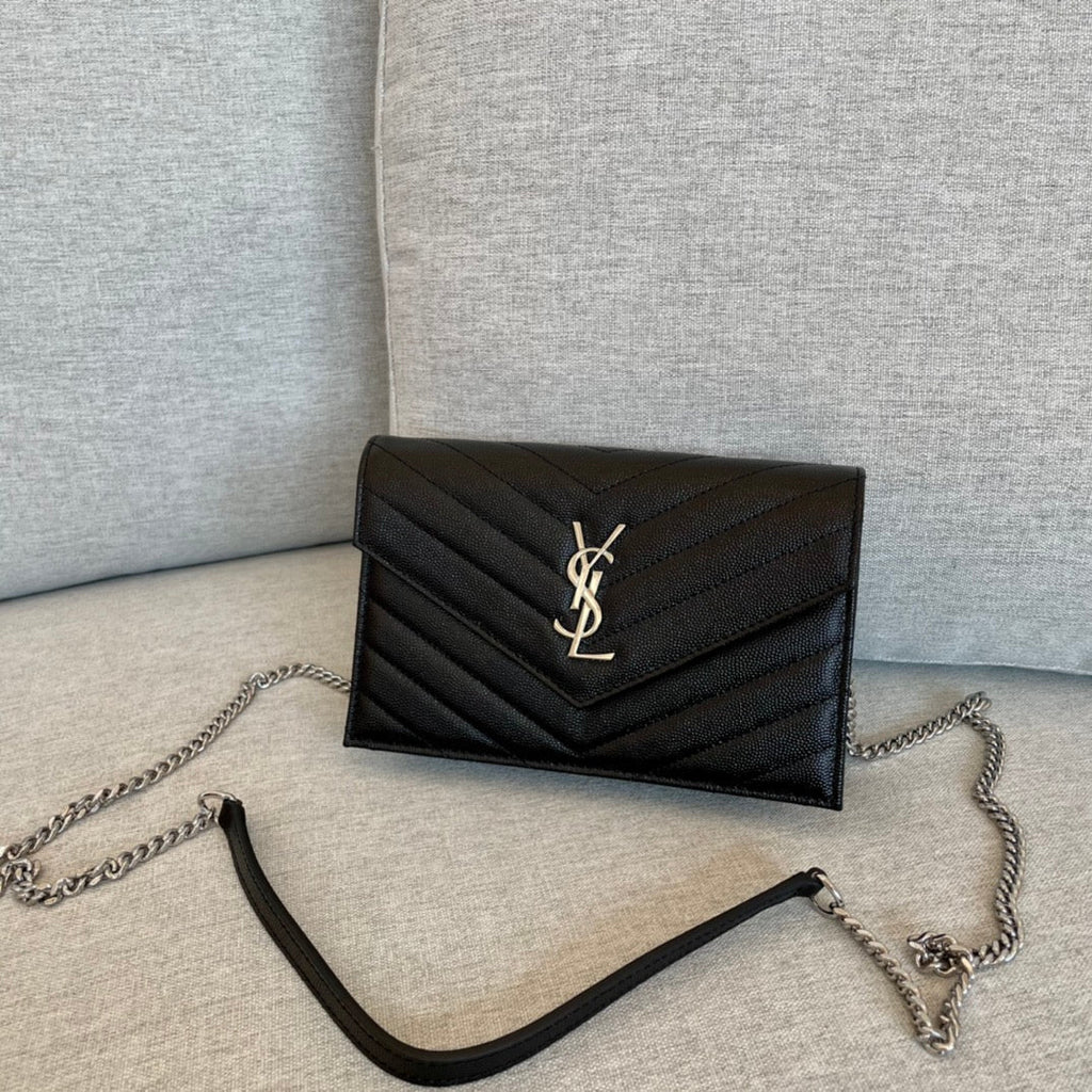 YSL Cassandre Envelope Chain Wallet Black Grain Leather