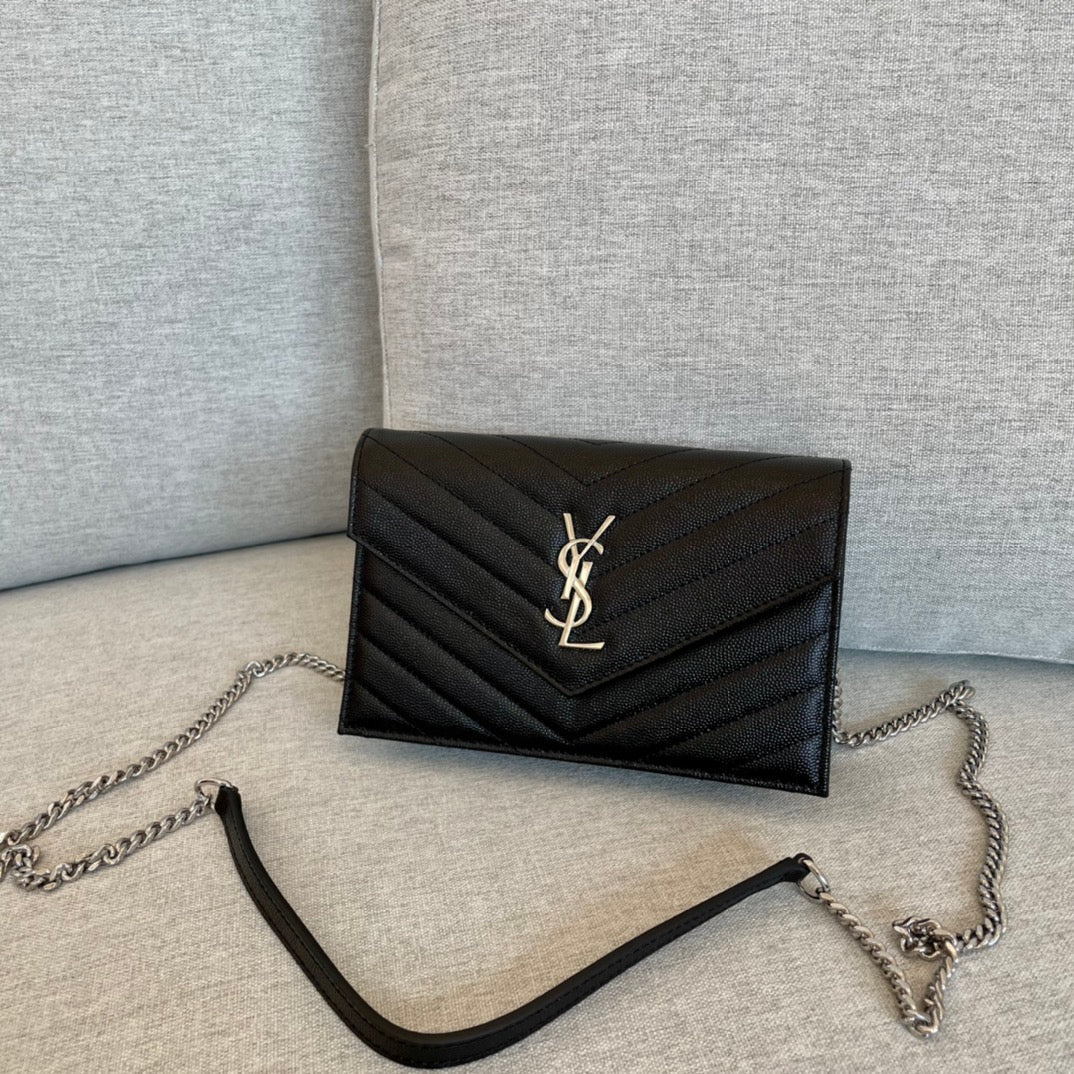 YSL Cassandre Envelope Chain Wallet Black Grain Leather