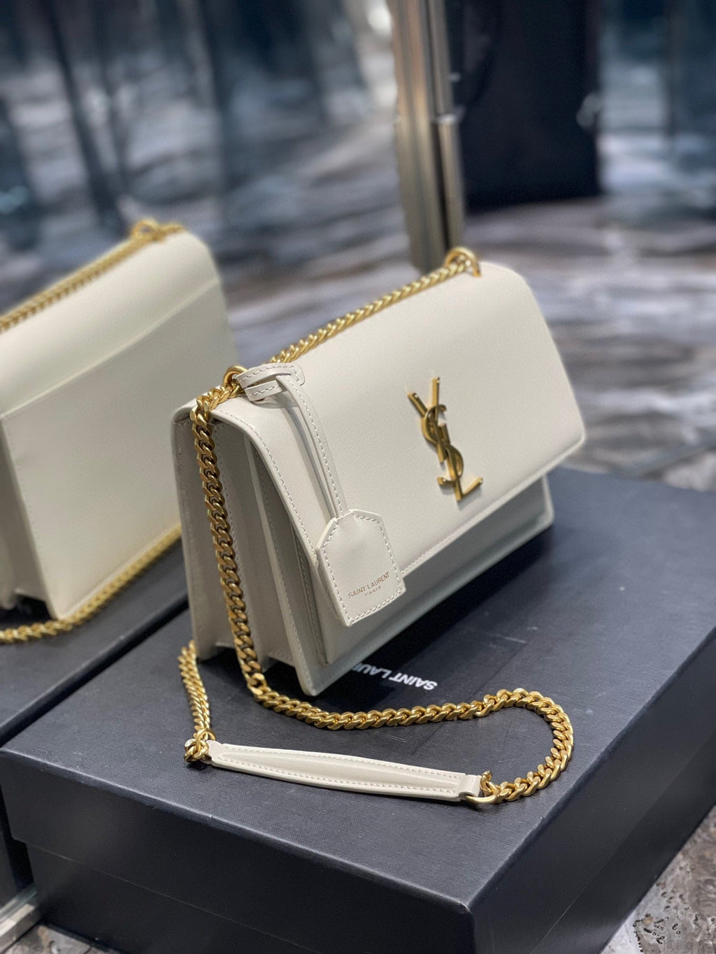 YSL Medium Sunset Bag 22 White Lambskin Gold Tone