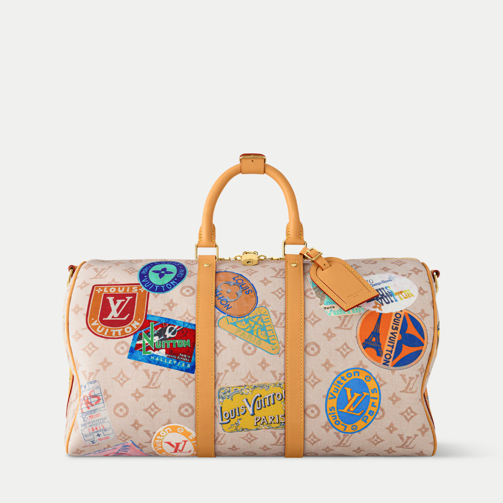 LV Keepall Bandoulière 45 Monogram Dune Canvas Travel Handle Shoulder Bag with Leather Trim and Travel Patches