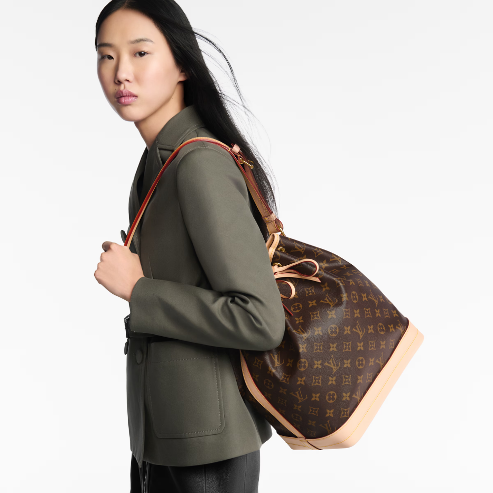LV Noé Monogram Canvas Bucket Shoulder Bag with Leather Trim and Drawstring Closure - Brown