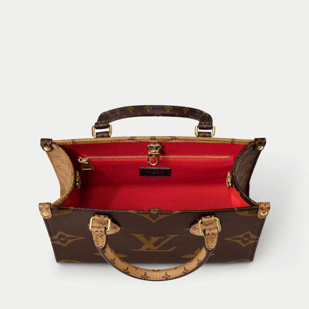 LV OnTheGo PM Monogram Reverse Canvas Tote Handle Bag with Double Handles and Adjustable Strap - Brown