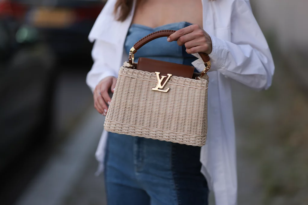 LV Capucines BB Rattan Woven Handle Shoulder Bag with Leather Trim