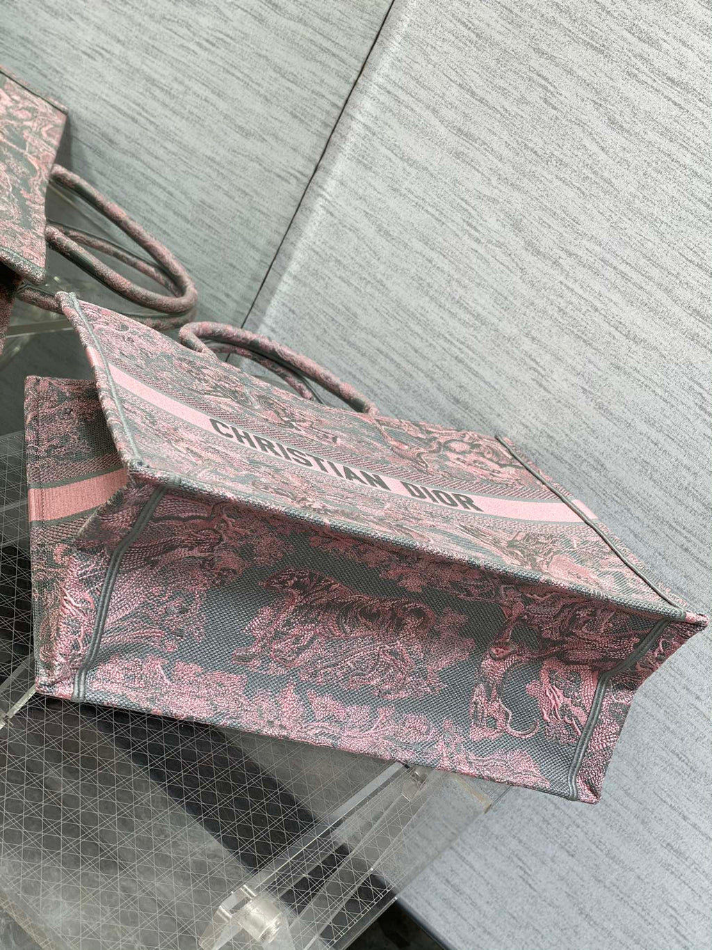 Dior Book Tote Large Gray and Pink Toile De Jouy Reverse Beverly Hills Embroidery