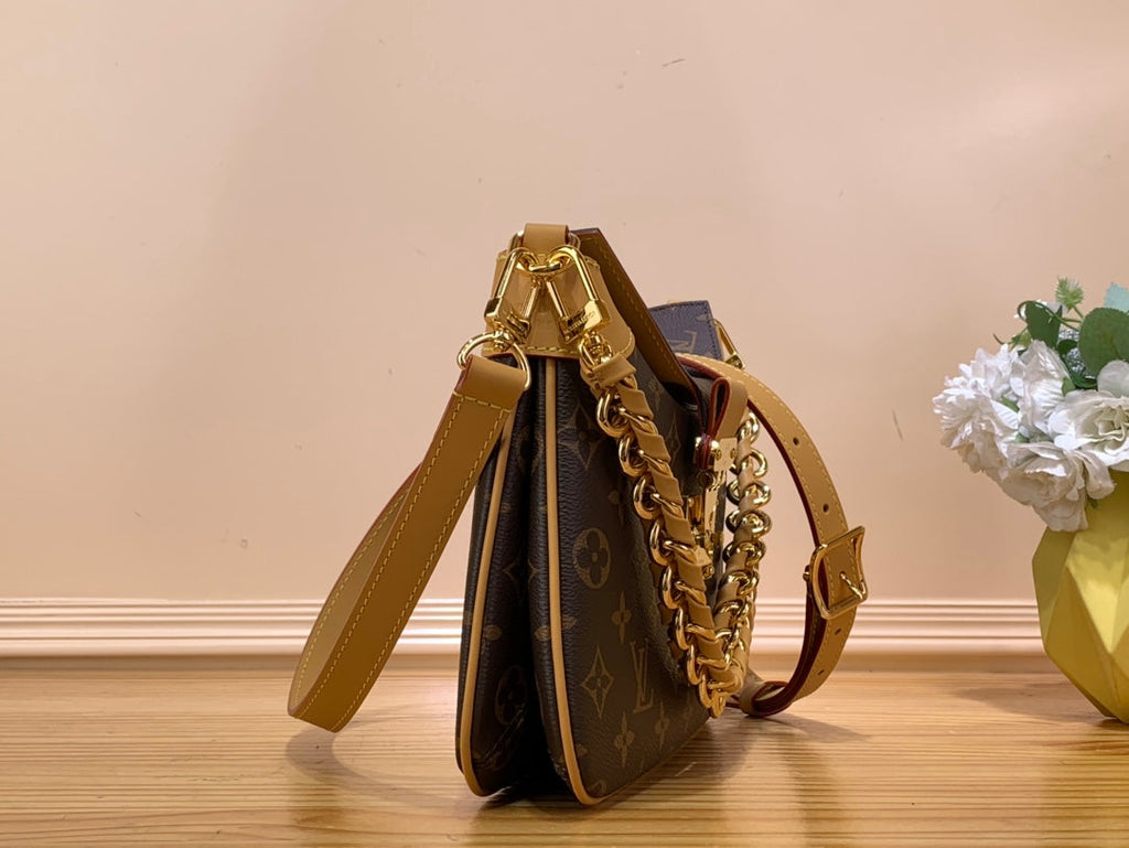 LV Twinny Monogram Canvas Shoulder Crossbody Bag with Chain Strap and Leather Trim - Brown