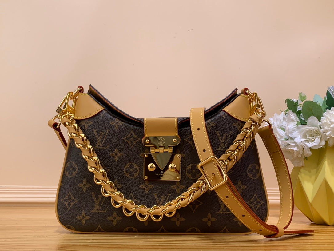LV Twinny Monogram Canvas Shoulder Crossbody Bag with Chain Strap and Leather Trim - Brown