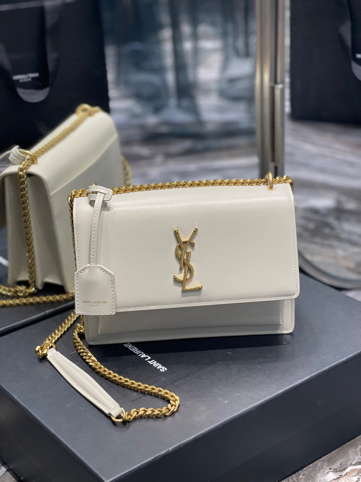YSL Medium Sunset Bag 22 White Lambskin Gold Tone