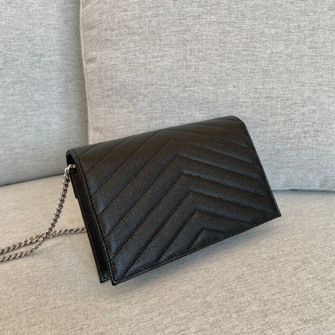 YSL Cassandre Envelope Chain Wallet Black Grain Leather